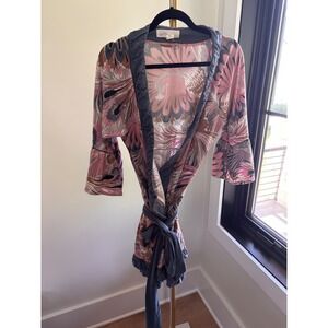 Lilka Anthropologie Pink Peacock Print Ruffle Wrap Robe Bell Sleeve Large